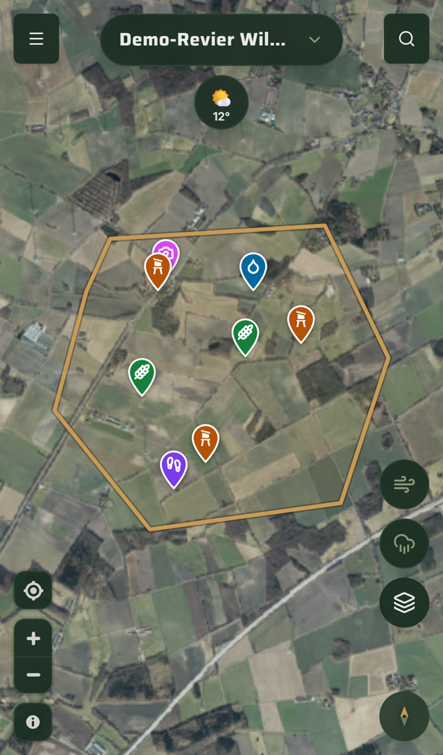 HUNTRA-App: Revierkarte mit Luftbild, Reviergrenze und markierten Einrichtungen
